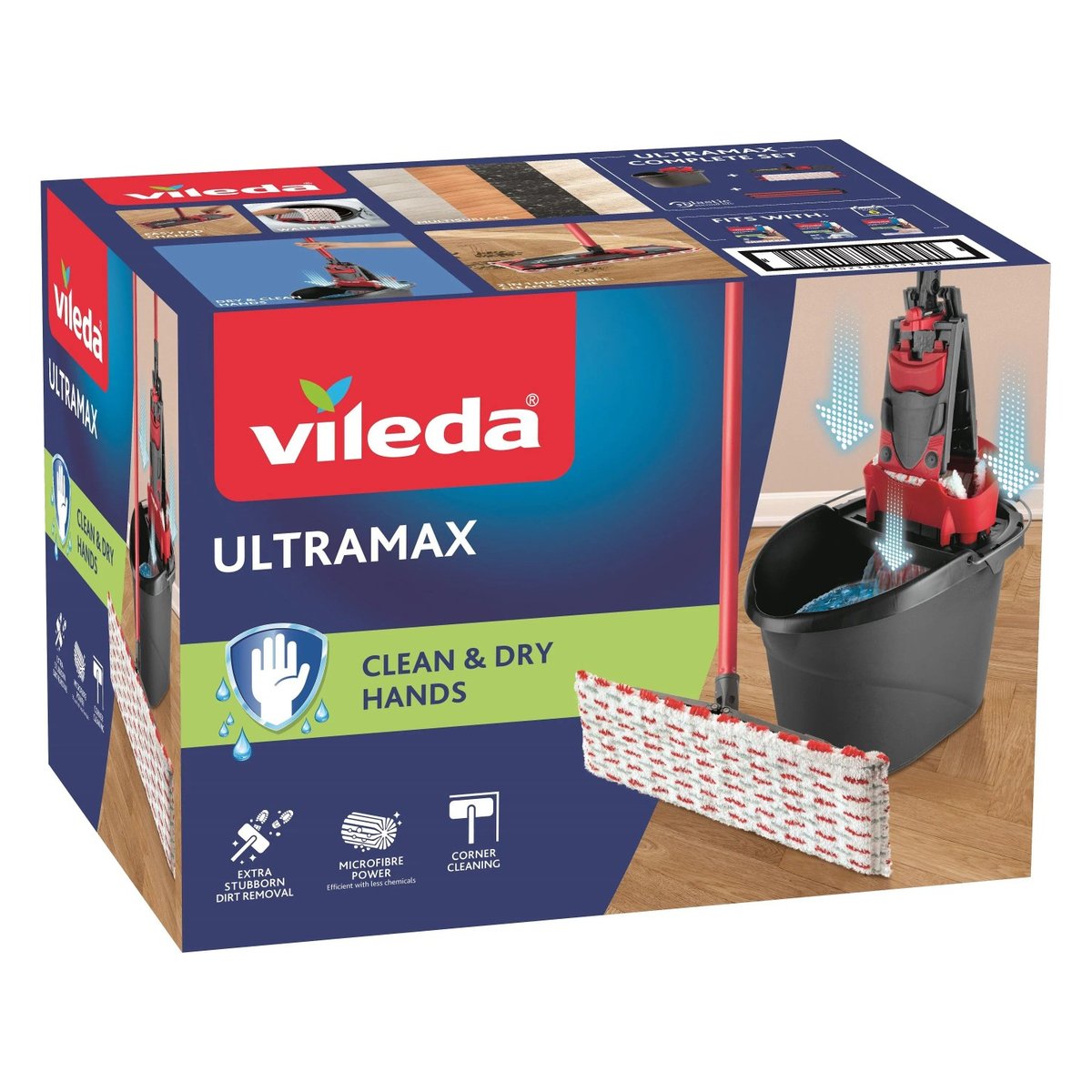 Vileda Ultramax Box – plochý mop Microfibre 2v1 s vedrom a žmýkacím košom Power Press